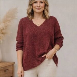 Calvin Klein Marled Knit V Neck Sweater Burgundy Long Sleeve Women’s Large